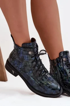 Online D&A Lakierowane Botki Damskie Z Naturalnej Skóry LZ52-962 Granatowe