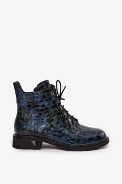 Online D&A Lakierowane Botki Damskie Z Naturalnej Skóry LZ52-962 Granatowe