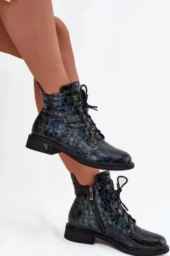 Online D&A Lakierowane Botki Damskie Z Naturalnej Skóry LZ52-962 Granatowe