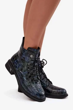 Online D&A Lakierowane Botki Damskie Z Naturalnej Skóry LZ52-962 Granatowe