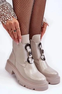 Damskie buty S.Barski Lakierowane Botki Damskie Z Ozdobą Jasnoszare S.Barski MR870-53