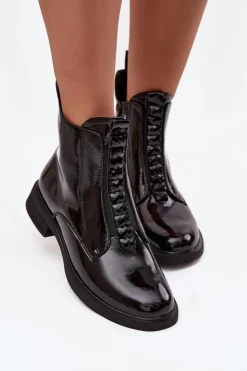 Damskie D&A Lakierowane Botki Damskie Z Naturalnej Skóry MR52-108 Czarne