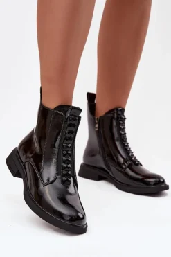 Damskie D&A Lakierowane Botki Damskie Z Naturalnej Skóry MR52-108 Czarne