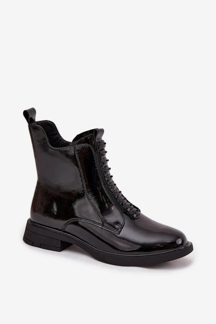 Damskie D&A Lakierowane Botki Damskie Z Naturalnej Skóry MR52-108 Czarne