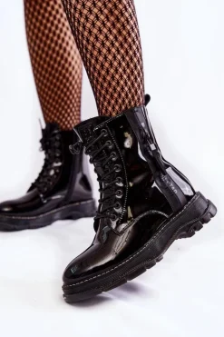 Big Star Shoes Botki Sznurowane|Czarne Botki*Lakierowane Botki Glany Big Star KK274489 Czarne