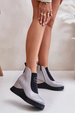 Damskie Buty damskie Vinceza Lakierowane Botki Na Koturnie Ocieplane Vinceza 66703 Szare