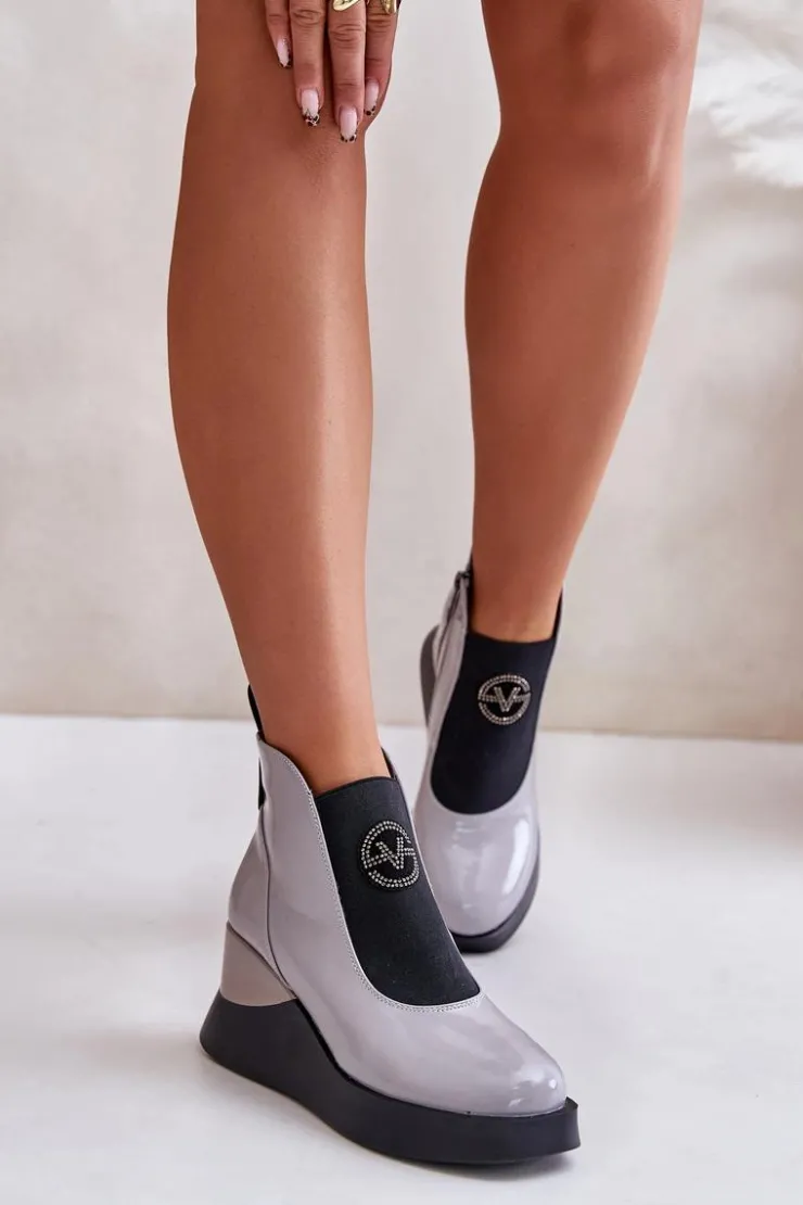 Damskie Buty damskie Vinceza Lakierowane Botki Na Koturnie Ocieplane Vinceza 66703 Szare
