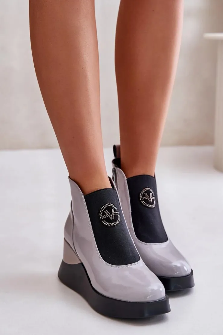 Damskie Buty damskie Vinceza Lakierowane Botki Na Koturnie Ocieplane Vinceza 66703 Szare
