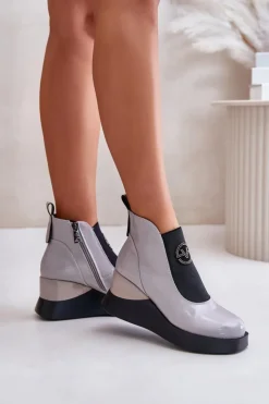 Damskie Buty damskie Vinceza Lakierowane Botki Na Koturnie Ocieplane Vinceza 66703 Szare