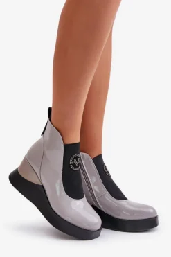 Damskie Buty damskie Vinceza Lakierowane Botki Na Koturnie Ocieplane Vinceza 66703 Szare