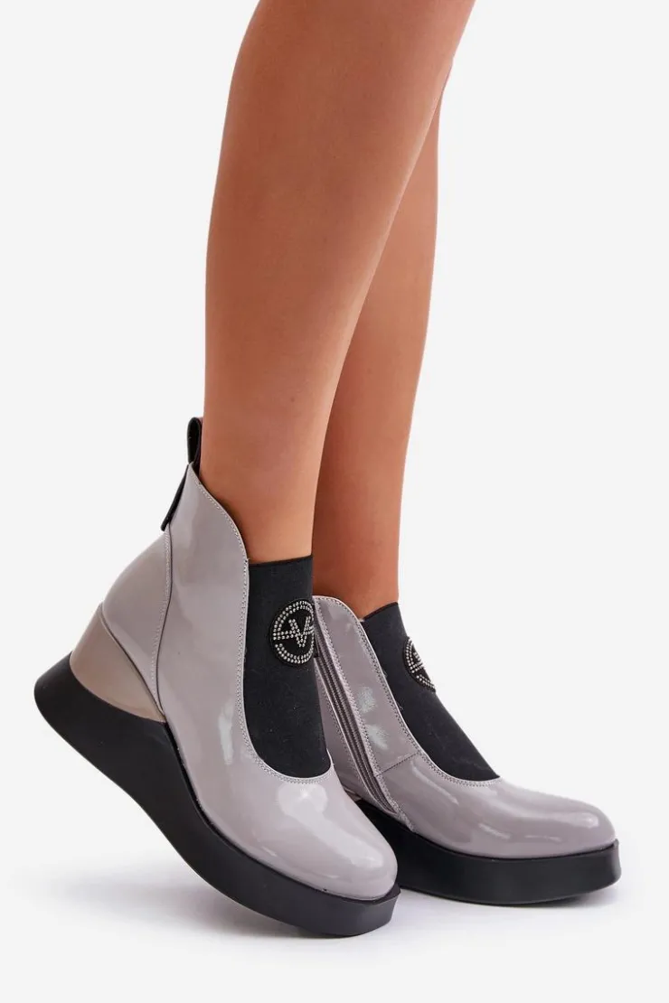 Damskie Buty damskie Vinceza Lakierowane Botki Na Koturnie Ocieplane Vinceza 66703 Szare