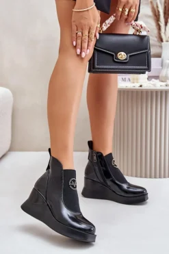 Buty damskie Vinceza Botki Ocieplane|Botki Na Koturnie*Lakierowane Botki Na Koturnie Ocieplane Vinceza 66703 Czarne Czarny