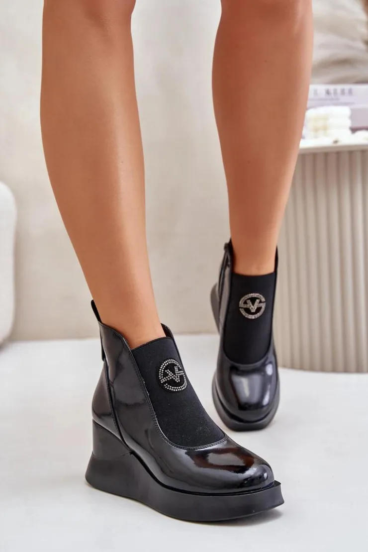 Buty damskie Vinceza Botki Ocieplane|Botki Na Koturnie*Lakierowane Botki Na Koturnie Ocieplane Vinceza 66703 Czarne Czarny