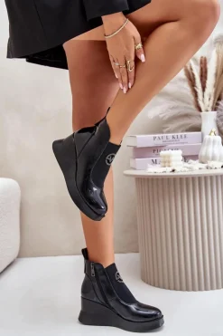 Buty damskie Vinceza Botki Ocieplane|Botki Na Koturnie*Lakierowane Botki Na Koturnie Ocieplane Vinceza 66703 Czarne Czarny