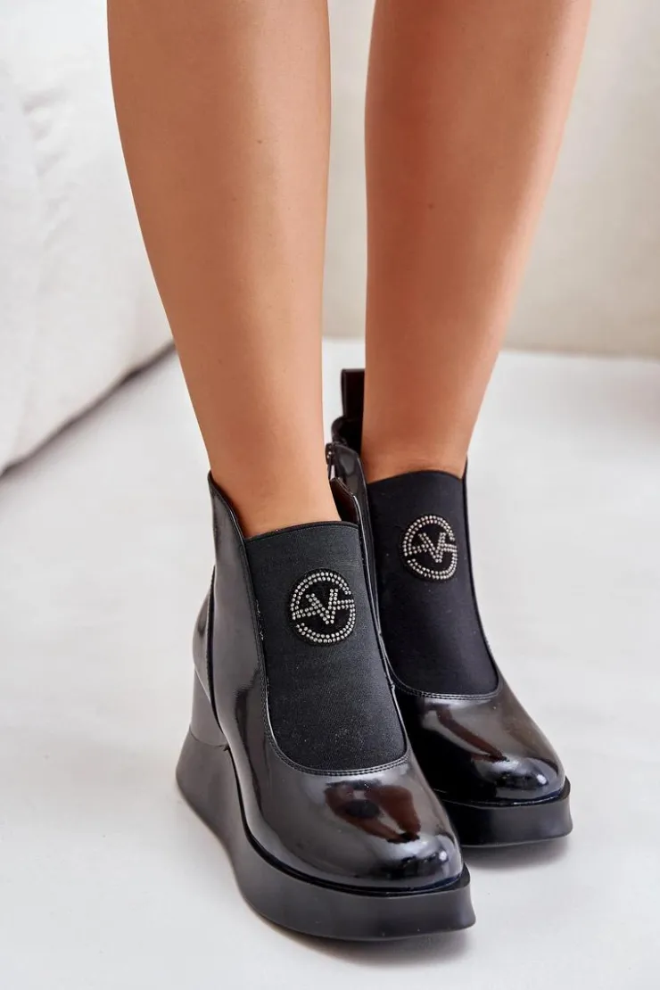 Buty damskie Vinceza Botki Ocieplane|Botki Na Koturnie*Lakierowane Botki Na Koturnie Ocieplane Vinceza 66703 Czarne Czarny