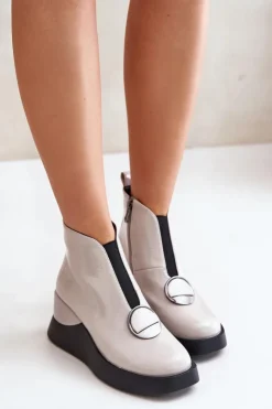 Damskie buty S.Barski Botki Ocieplane|Botki Na Koturnie*Lakierowane Botki Na Koturnie Ocieplane D&A MR880-136 Jasnoszare Szary