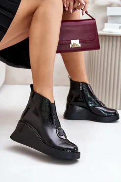 Discount Damskie buty S.Barski Lakierowane Botki Na Koturnie Ocieplane D&A MR880-136 Czarne