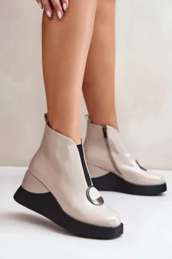 Damskie Damskie buty S.Barski Lakierowane Botki Na Koturnie Ocieplane D&A MR880-136 Beżowe