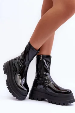 Hot Boto Lakierowane Botki Na Masywnej Platformie Czarne Kylira Czarny