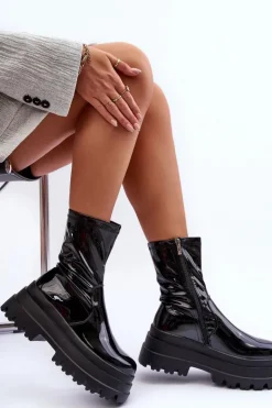 Hot Boto Lakierowane Botki Na Masywnej Platformie Czarne Kylira Czarny