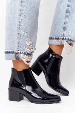 Buty Sergio Leone Botki Na Słupku|Czarne Botki*Lakierowane Botki Na Obcasie Sergio Leone BT153 Czarne