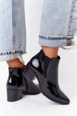 Buty Sergio Leone Botki Na Słupku|Czarne Botki*Lakierowane Botki Na Obcasie Sergio Leone BT153 Czarne