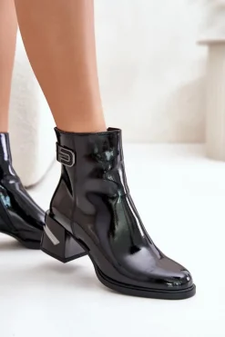 Sale Damskie buty S.Barski Lakierowane Botki Na Obcasie Ocieplane MR880-093 Czarne Czarny