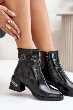 Sale Damskie buty S.Barski Lakierowane Botki Na Obcasie Ocieplane MR880-093 Czarne Czarny