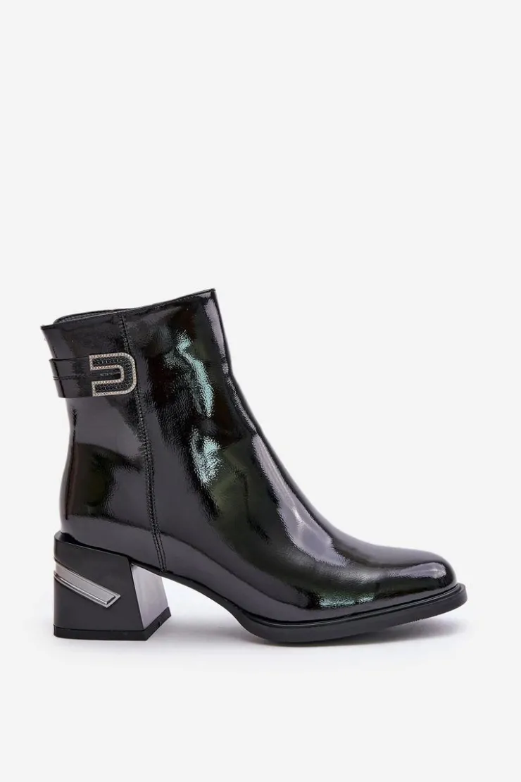 Sale Damskie buty S.Barski Lakierowane Botki Na Obcasie Ocieplane MR880-093 Czarne Czarny