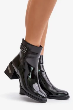 Sale Damskie buty S.Barski Lakierowane Botki Na Obcasie Ocieplane MR880-093 Czarne Czarny