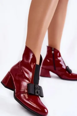 Damskie Boto Lakierowane Botki Na Obcasie Z Ozdobną Kokardą Bordowe Hallie