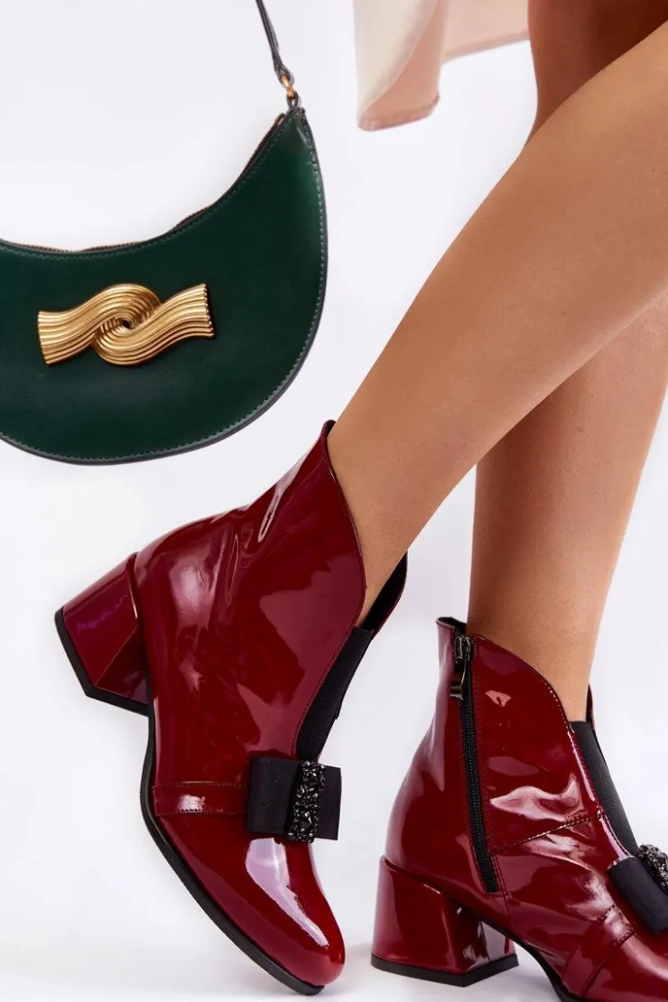 Damskie Boto Lakierowane Botki Na Obcasie Z Ozdobną Kokardą Bordowe Hallie