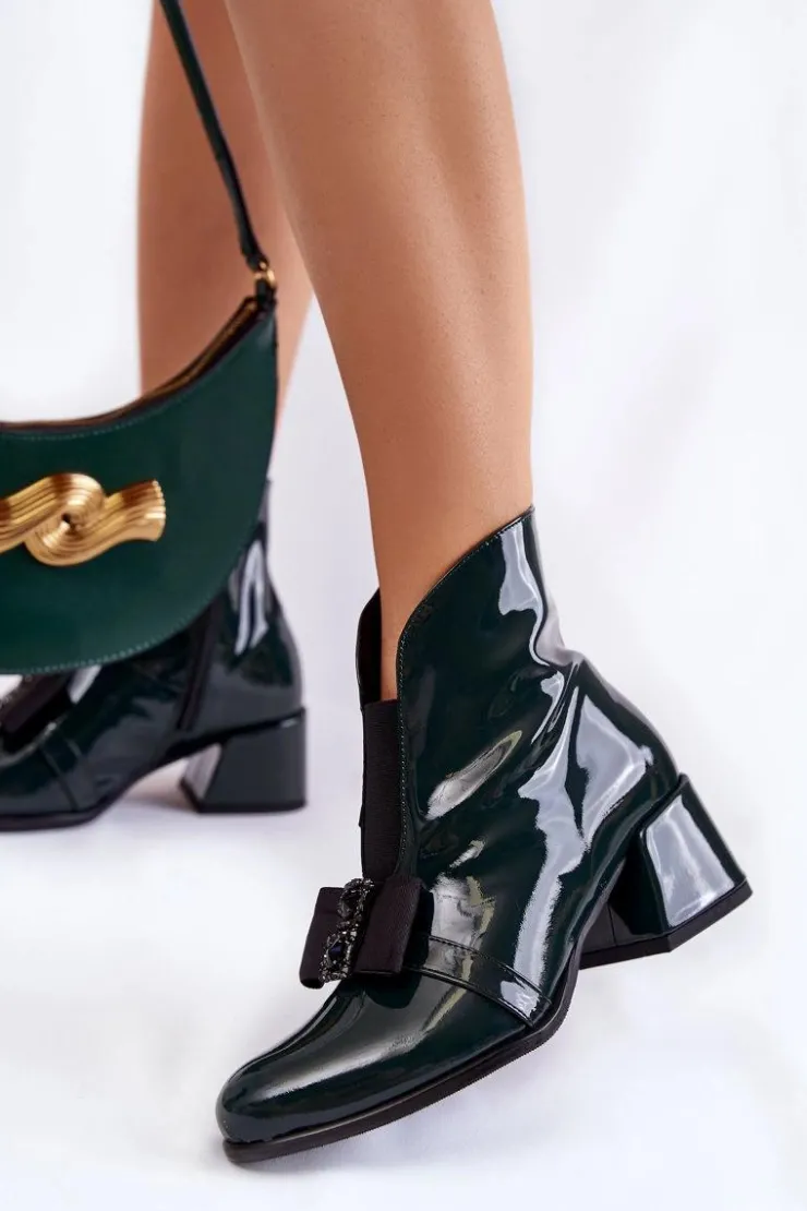Best Boto Lakierowane Botki Na Obcasie Z Ozdobną Kokardą Zielone Hallie