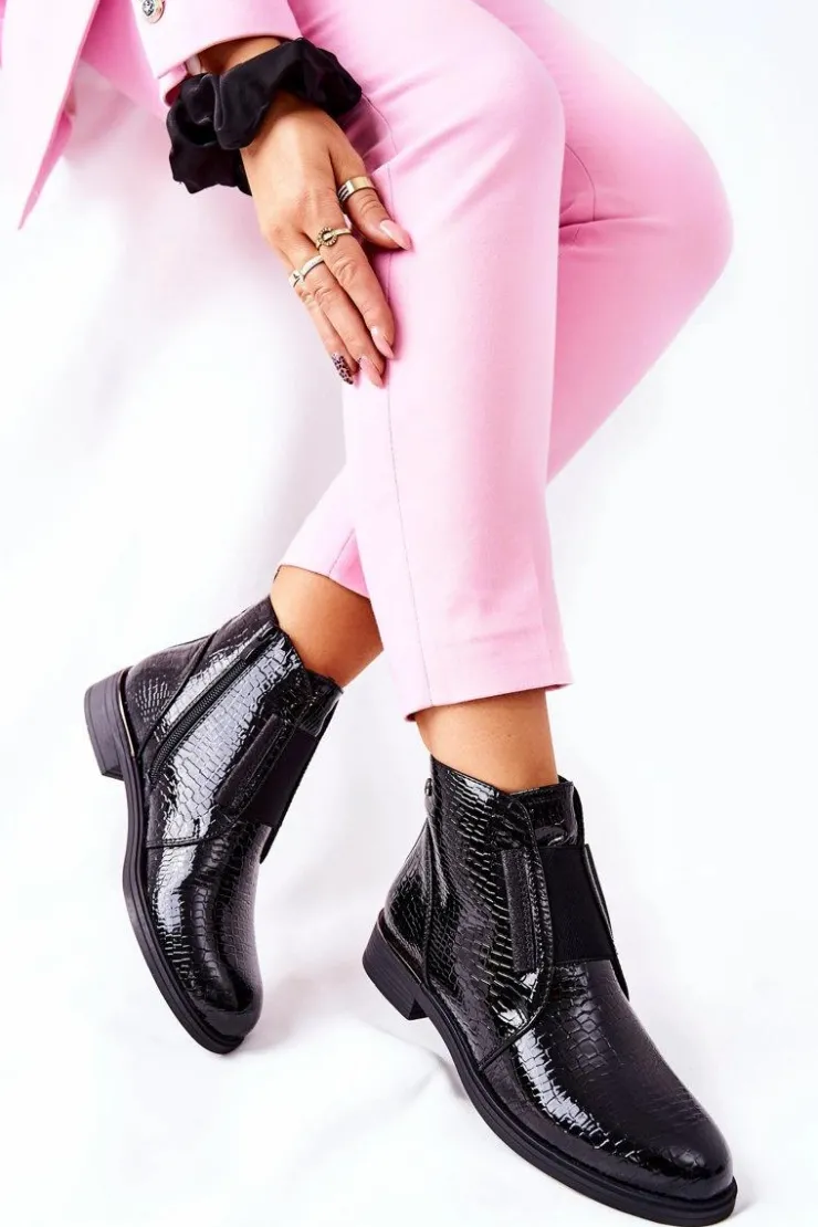 Buty Sergio Leone Czarne Botki|Botki Zimowe Damskie*Lakierowane Botki Na Obcasie Sergio Leone BT400 Czarne