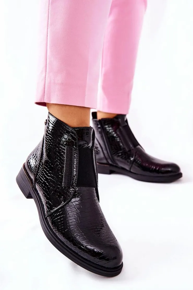 Buty Sergio Leone Czarne Botki|Botki Zimowe Damskie*Lakierowane Botki Na Obcasie Sergio Leone BT400 Czarne