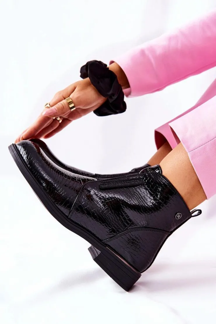 Buty Sergio Leone Czarne Botki|Botki Zimowe Damskie*Lakierowane Botki Na Obcasie Sergio Leone BT400 Czarne