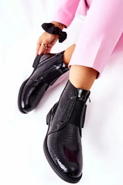 Buty Sergio Leone Czarne Botki|Botki Zimowe Damskie*Lakierowane Botki Na Obcasie Sergio Leone BT400 Czarne