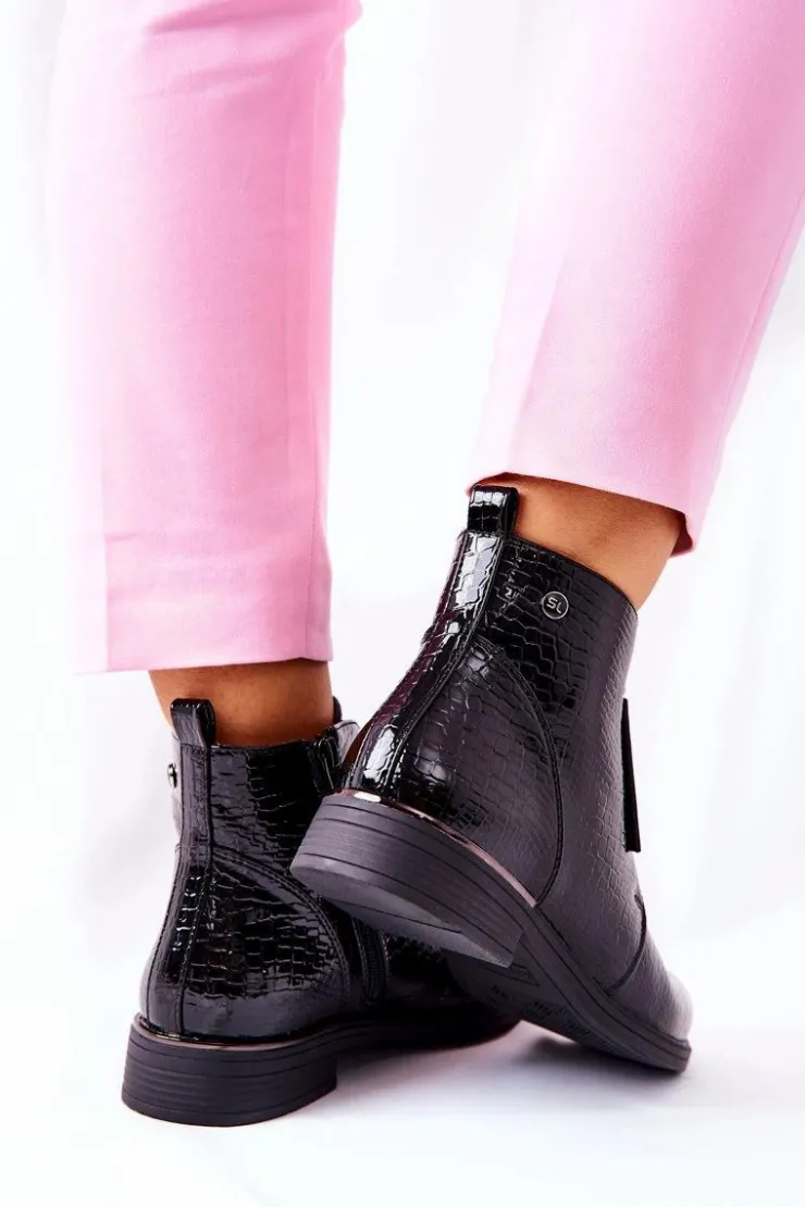 Buty Sergio Leone Czarne Botki|Botki Zimowe Damskie*Lakierowane Botki Na Obcasie Sergio Leone BT400 Czarne