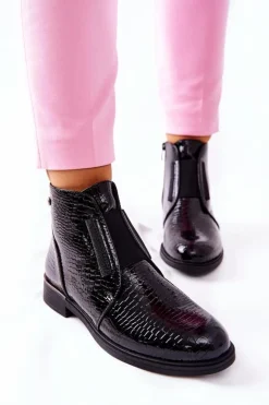 Buty Sergio Leone Czarne Botki|Botki Zimowe Damskie*Lakierowane Botki Na Obcasie Sergio Leone BT400 Czarne