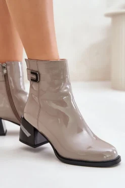 Damskie buty S.Barski Botki Ocieplane|Botki Na Słupku*Lakierowane Botki Na Obcasie Ocieplane MR880-093 Szare Szary