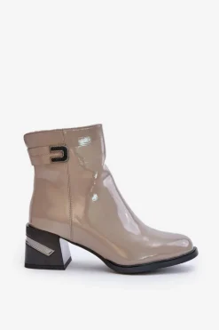 Damskie buty S.Barski Botki Ocieplane|Botki Na Słupku*Lakierowane Botki Na Obcasie Ocieplane MR880-093 Szare Szary