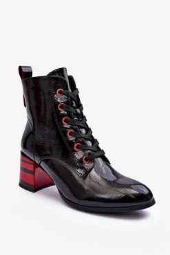 Damskie buty S.Barski Botki Sznurowane|Botki Na Słupku*Lakierowane Botki Na Obcasie S.Barski MR870-49 Czarne