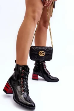 Damskie buty S.Barski Botki Sznurowane|Botki Na Słupku*Lakierowane Botki Na Obcasie S.Barski MR870-49 Czarne