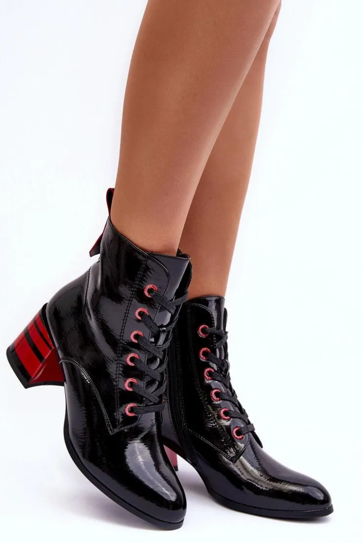 Damskie buty S.Barski Botki Sznurowane|Botki Na Słupku*Lakierowane Botki Na Obcasie S.Barski MR870-49 Czarne