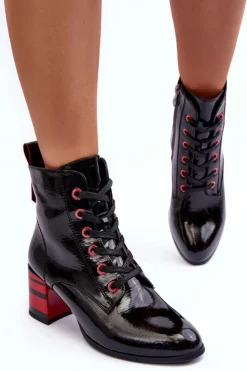 Damskie buty S.Barski Botki Sznurowane|Botki Na Słupku*Lakierowane Botki Na Obcasie S.Barski MR870-49 Czarne