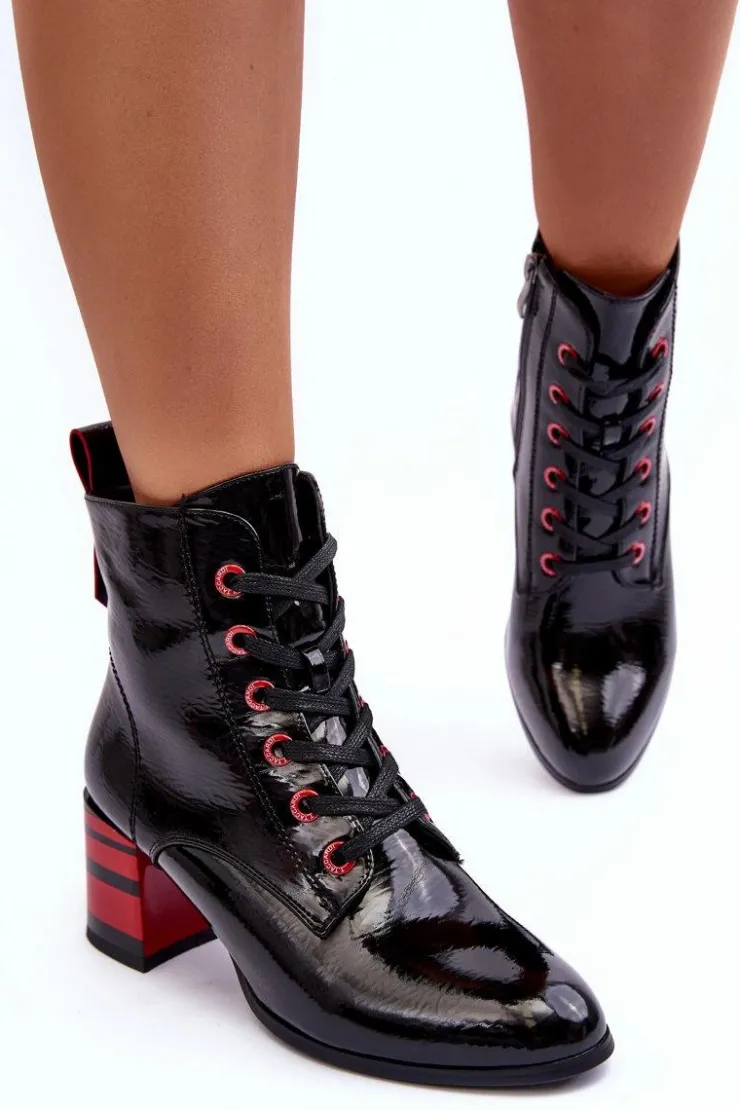 Damskie buty S.Barski Botki Sznurowane|Botki Na Słupku*Lakierowane Botki Na Obcasie S.Barski MR870-49 Czarne