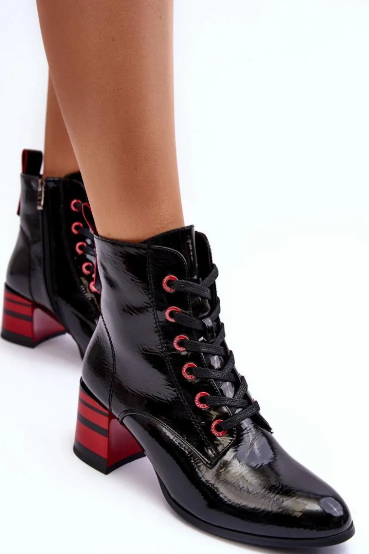 Damskie buty S.Barski Botki Sznurowane|Botki Na Słupku*Lakierowane Botki Na Obcasie S.Barski MR870-49 Czarne