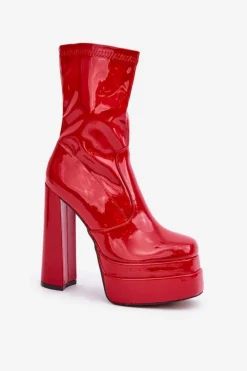 Damskie Boto Lakierowane Botki Na Platformie I Wysokim Słupku Czerwone Lotisha