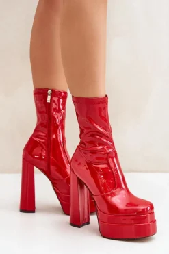 Damskie Boto Lakierowane Botki Na Platformie I Wysokim Słupku Czerwone Lotisha