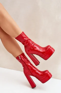Damskie Boto Lakierowane Botki Na Platformie I Wysokim Słupku Czerwone Lotisha